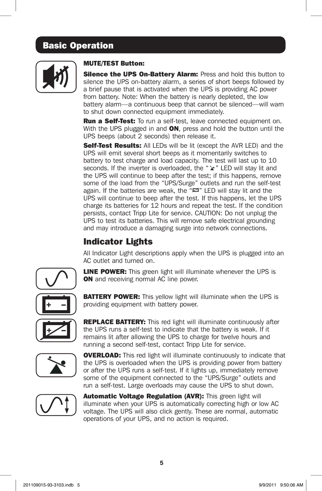 Tripp Lite OMNIVS1500 owner manual Indicator Lights, MUTE/TEST Button 